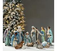 Glitzhome 12Pcs Deluxe Blue Resin Nativity Figurines Set Christmas Ornaments Xmas Tabletop Scenes Figures Set Collectibles Countertop Statue Miniatures Decorative Crafts Accessories 15.5" x 45.00"