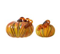 glitzhome 2 Pack Multiple Striped Glass Pumpkins Hand Blown Glass Pumpkin Tabletop Collectible Fugurines Decorations for Fall Harvest