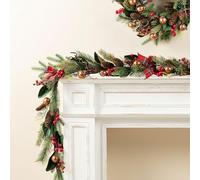 Glitzhome Christmas Garland for Mantle, Lush Garlands Decoration Xmas with Bell, Pinecone & Berry Bow, Elegant Christmas Floral for Indoor & Porch Use