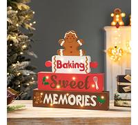 Glitzhome Christmas Wooden Signs With Sayings - Baking Sweet Memories Lighted Farmhouse Gingerbread Man Block Set - 12 x 12 Inches Wood Block Holiday Home Decor