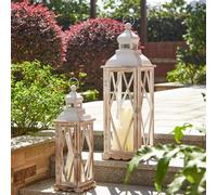 Glitzhome Farmhouse Wood Metal Lanterns Decorative Hanging Candle Lanterns White Set of 2 (No Glass)