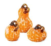 Glitzhome Set of 3 Hand Blown Glitter Glass Pumpkin Table Accent Home Decor for Fall & Harvest Thanksgiving Decorating, Orange Dots