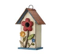 Glitzhome Vintage Birdhouse with 3D Flowers - Solid Wood Bird Feeder in Washed White Weatherproof Rustic Decor for Patio/Balcony - Ready-to-Hang (10.25")