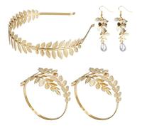 GLITZJOY 5PCS Greek Goddess Costume Accessories Set Gold Headband Laurel Wreath Headpiece with Armband and Earrings Toga Costume Woman Leaf Crown for Wedding Halloween Roman Toga Party