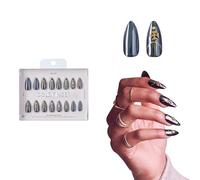 GLITZY 3D Nail Kit Handmade Rhinestone Gemstones Black Chrome Long Almond Reusable and Lasts up to 2 Weeks Seamless Close Fit Technology Includes Glue, File and 28 Pieces
