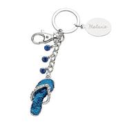 Glitzy Turquoise Flip Flop Design Keyring, Personalised with Name or Initials Oval Tag, Presented in Velvet Pouch