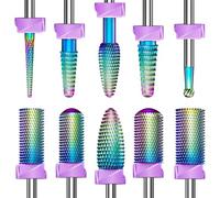 GLIX 10-in-1 Professional Nail Drill Bits Set, Rainbow Tungsten Carbide E File Bits for Acrylic Nails & Gel Polish Removal, 3/32" Shank Russian Manicure Kit with Safety Cuticle Ball & Flame Bit