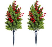 Glixoft 2pcs Artificial Pine Trees with Stakes Realistic Fake Shrubs for Christmas Holiday Front Porch Patio Garden Decorations