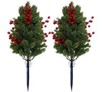 Glixoft 2pcs Artificial Pine Trees with Stakes Realistic Fake Shrubs for Christmas Holiday Front Porch Patio Garden Decorations