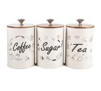 Glixoft 3pcs Tea Coffee Sugar Canisters Set Metal Tea and Coffee Can with Airtight Bamboo Lid and Name Marker Round Tea Canister Jar Kitchen Storage Canisters