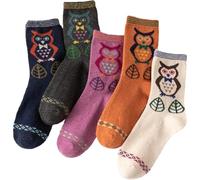 Glixoft 5 Pairs Owl Pattern Socks Cute Crew Socks Winter Warm Wool Socks Ladies Warm Presents for Ladies Teen Girls Daily Wear