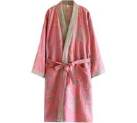 Glixoft Japanese Style Pure Cotton Robes Spring Autumn Bathrobe Casual Kimono Yukata Pajamas Robe Half Sleeve Nightdress with Tie Belt for Women