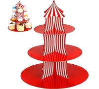 Glixoft Red Striped Cake Stand Red Cardboard Cupcake Holder Round Dessert Tower Tea Party Serving Plate for Baby Showers