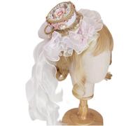 Glixoft Tea Party Bonnet Teacup Hat Round Ruffled Lace Hat with Bow Pearl Pendant Vintage Yarn Royal Anime Cosplay Cap