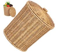 Glixoft Wicker Basket with Lid Round Rattan Storage Basket Woven Trash Can Garbage Bin Laundry Basket for Bedroom Living Room Office