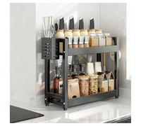 GLJTUO 3-Tier Spice Rack - Standing Desktop Storage Shelf with Hooks & Utensil Holder - Kitchen & Bathroom nization - White, 50cm Countertop Solution for Pantry Storage (Black 2,Black-2 Tier-40cm