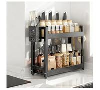 GLJTUO 3-Tier Spice Rack - Standing Desktop Storage Shelf with Hooks & Utensil Holder - Kitchen & Bathroom nization - White, 50cm Countertop Solution for Pantry Storage (Black 2,Black-2 Tier-35cm