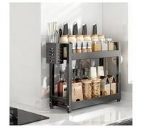 GLJTUO 3-Tier Spice Rack - Standing Desktop Storage Shelf with Hooks & Utensil Holder - Kitchen & Bathroom nization - White, 50cm Countertop Solution for Pantry Storage (Black 2,Black-2 Tier-30cm