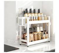 GLJTUO 3-Tier Spice Rack - Standing Desktop Storage Shelf with Hooks & Utensil Holder - Kitchen & Bathroom nization - White, 50cm Countertop Solution for Pantry Storage (White 2,White-2 Tier-50cm