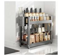 GLJTUO 3-Tier Spice Rack - Standing Desktop Storage Shelf with Hooks & Utensil Holder - Kitchen & Bathroom nization - White, 50cm Countertop Solution for Pantry Storage (Grey 2,Grey-2 Tier-50cm