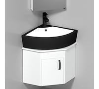 GLJTUO Corner Bathroom Vanity Set with Sink for Small Space Wall Mount Cabinet with Ceramic Basin Sink Chrome Faucet & Pop Up U Shape Drain Corner Mirror Cabinet Included,Black - 35x35cm