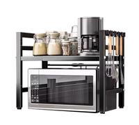 GLJTUO Expandable 2 Tier Metal Microwave Shelf Stand with 6 Hooks Heavy Duty Adjustable Kitchen Counter Organizer Rack