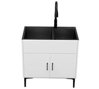 GLJTUO Kitchen Sink Cabinet Utility Sink with Pull-Out Sprayer Faucet, Stainless Steel Basin for Laundry Room, Bathroom, and Commercial Use,White-81x43x78cm