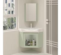 GLJTUO Modern Corner Bathroom Vanity with Sink & Mirror - Space-Saving Floating Storage Cabinet with Faucet & Drain, Stylish Small Space Furniture, Ceramic Sink Design for ct Ba,Green-47cm/18.5in