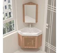 GLJTUO Modern Corner Bathroom Vanity with Sink & Mirror - Space-Saving Floating Storage Cabinet with Faucet & Drain, Stylish Small Space Furniture, Ceramic Sink Design for ct Ba,Brown-47cm/18.5in