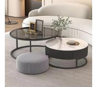 GLJTUO Modern Nesting Coffee Table Set Of 2 With Wood Circle Embossed Design Metal Frame Easy Assembly Ideal For Living Room Balcony Or Office,Svart-L