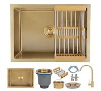 GLJTUO Modern Stainless Steel Prep Sink with Tap - Undermount Single Bowl Kitchen Essential with Drainer and Mounting Components, Includes Drain Basket,Gold-60 x 40 cm