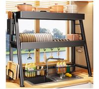 GLJTUO Over The Sink Dish Drying Rack Drainer Dish Rack Over Sink With Utensil Holder, Space Saver Rack For Counter Storage, Carbon Steels Black, 3 Tier-95cm/37.4in