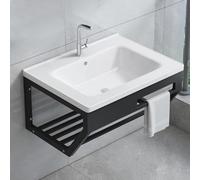 GLJTUO Porcelain Ceramic Wall Mounted Bathroom Vessel Sink, Floating Rectangular One Hole Bowl Laundry Half Bath Small Wash Basin with Faucet Hole and Overflow,White-70x50x47cm