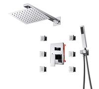 GLJTUO Shower Faucet System Mixer Set, Bathroom Multi-Function Wall Mounted 10" Brass Shower System Rain Mixer with 6Pcs Body Sparys Set, with Hand Shower and Shower Hose,Black,Chrome-Square