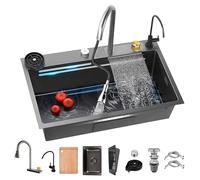 GLJTUO Stainless Steel Kitchen Sink Workstation with Temperature Display and Dual Waterfalls Design, Nano-coated Single Bowl for Enhanced Durability,Black-gray-2-68cm
