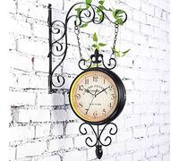 GLJTUO Wall Clock Outdoor Garden Hanging Clock Double Sided Round Wall Mounted Hanging Iron Clock Mute On Time for Home Living Room Bar - Wall Clocks Vintage