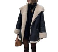 Glkaend Women's Faux Shearing Moto Bomber Jacket Sherpa-Lined Coat Winter Aviator Leather Coat Outerwear,Black,S