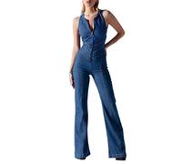 Glkaend Womens Sexy Slim Fit High Waist Denim Jumpsuit Sleeveless Zipper Backless Wide Leg Rompers,Blue,XS