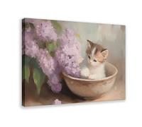 GLKISGFQ Fluffy Kitten in A Bowl of Lilac Flowers(1) Canvas Poster Wall Art Decor Print Picture Paintings for Living Room Bedroom Decoration 24x36inch(60x90cm)