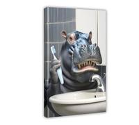 GLKISGFQ Funny Hippo Tooth Brushing Poster Canvas Poster Bedroom Decor Landscape Office Room Decor Gift 20x30inch(50x75cm)