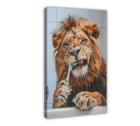 GLKISGFQ Funny Lion Tooth Brushing Poster Canvas Poster Bedroom Decor Landscape Office Room Decor Gift 16x24inch(40x60cm)