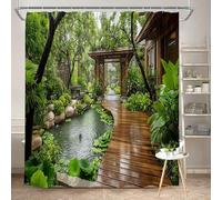 GLKSDLPO 1pc Rainy Garden Path Shower Curtain - Serene Wooden Pavilion & Lily Pad Pond Design, Lush Greenery & Raindrops Pattern(90x190cm/35x75in(WxH))