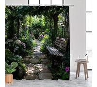 GLKSDLPO 1pc Tranquil Garden Path Shower Curtain - Rustic Wooden Bench Dappled Sunlight, Machine Washable, 12 Hooks, Bathroom Decor(90x195cm/35x77in(WxH))