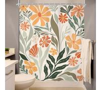 GLKSDLPO Boho Floral Shower Curtain - Colorful Leaves Abstract rustic sage green with orange, beige and teal flowers for Wet Room(220x180cm/87x71in(WxH))