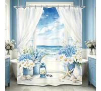 GLKSDLPO Coastal Beach Shower Curtain Blue Ocean Sea Flower Landscape Hydrangea Daisy Scene Bathroom Set Accessories Decor(88x210cm/35x83in(WxH)