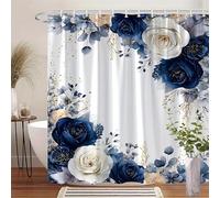 GLKSDLPO Elegant Blue Peach Rose Lace Shower Curtain - White Background Gold Trim Bath Curtain with Hook for Bath Tub Shower Stall(240x199cm/94x87in(WxH)