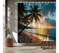 GLKSDLPO Extra Long Tropical Sun Beach Shower Curtain With Palm Trees, Golden Sun & Turquoise Ocean 3D Digital Design - Bathroom Decor(105x160cm/41x63in(WxH)