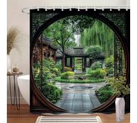 GLKSDLPO Round Frame Chinese Garden Shower Curtain - Tranquil Asian Design With Stone Fountain, Wooden Pavilion Greenery Home Spa Decor(130x183cm/51x72in(WxH)