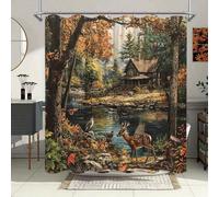 GLKSDLPO Rustic Autumn Forest Scene Shower Curtain With Buck, Hawk, Owl & Log Cabin Design, Vintage Nature-Inspired Bathroom Decor(150x180cm/59x71in(WxH)