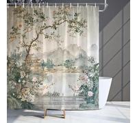 GLKSDLPO Scenic Waterfall Forest Mountain Shower Curtain - Traditional Chinese Landscape Blooming Flowers & Misty Mountains for Wet Room(148x202cm/58x80in(WxH)